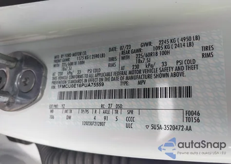 2023 Ford Escape Phev z USA, uszkodzony, nr VIN 1FMCU0E16PUA75559